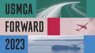 Seni sampul untuk USMCA Forward 2023, menampilkan gambar transportasi darat, udara, dan laut.